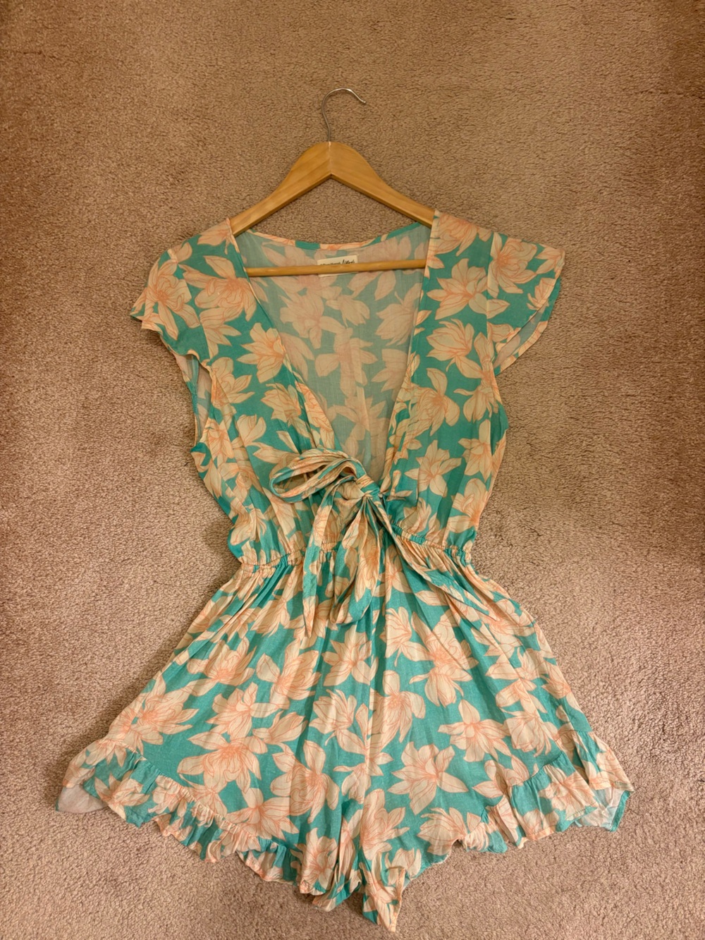 Tiare Hawaii Floral Tie-Front Romper in Teal and Peach